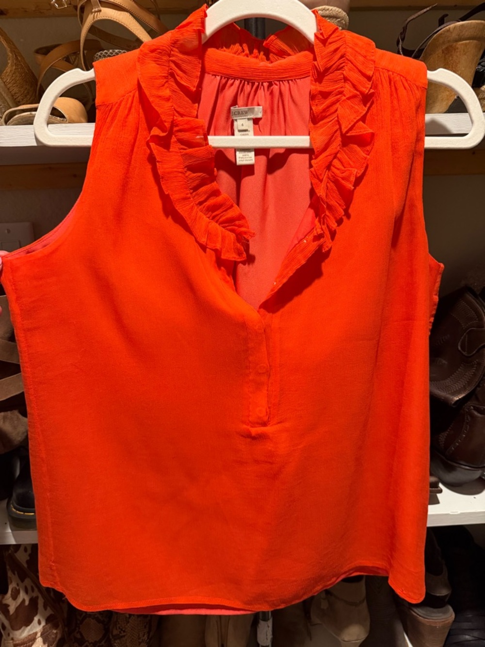 J. Crew Bright Orange Ruffle V-Neck Sleeveless Shell